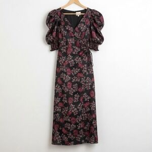 Cinq à Sept Puff Sleeve Midi Dress Size 4 Black Floral Faux Wrap